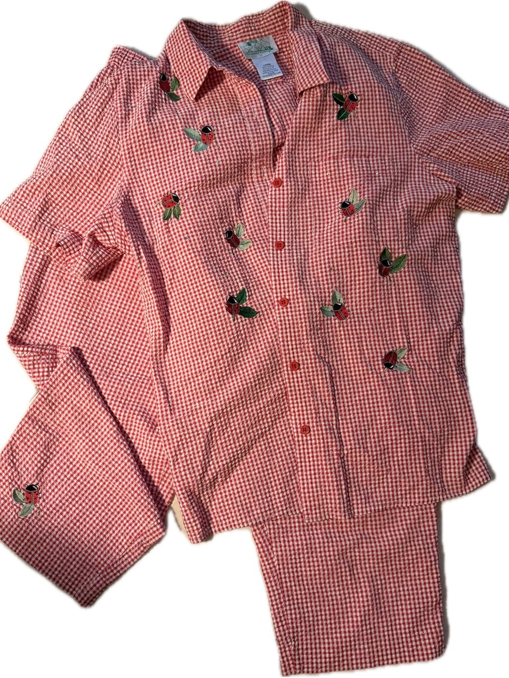 Vintage Red Gingham Button-Up Shirt with Embroidered Ladybugs 90’s Outfit Large